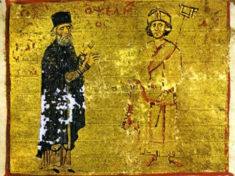 Michael Psellos (left) with his student, Byzantine Emperor Michael VII Doukas Codex 234, f. 245a, Mount Athos, Pantokrator Monastery, 12th/13th c.