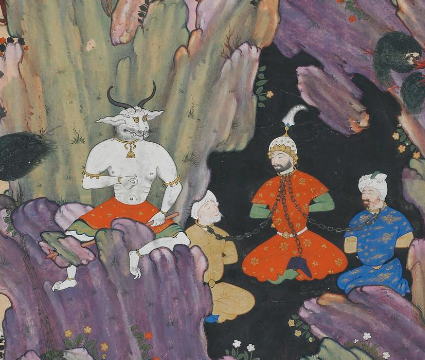 Kay Kavus chained in a cave, blinded and imprisoned by the White Demon; miniature painting ascribed to Siyavush, Safavid Iran, 1576–1577.
